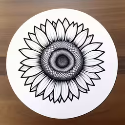 a sticker with a sunflower and lines on it,a sunflower with its eyeball drawing on a white plate