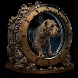 a dog looking through the hole of an art nouveau clock