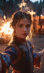 a beautiful young woman in a black dress and fire