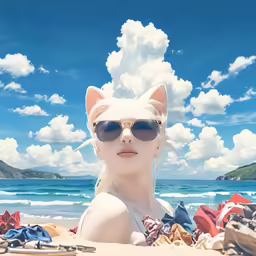 woman wearing sunglasses on the beach under a cloudy blue sky