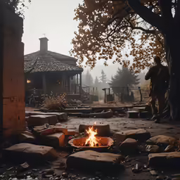 a man is standing near a fire pit