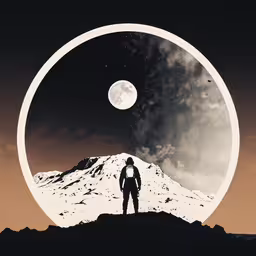 man standing on top of mountain overlooking moon and stars,a man is looking at the snow capped mountains