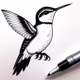 a drawing of a hummingbird in flight and a pen,the drawing shows an image of a hummingbird