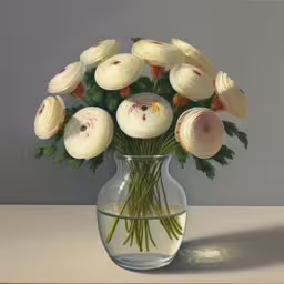 there is a vase filled with flowers on the table,a painting of white flowers in a clear vase,a painting of some flowers in a vase,a painting of a bouquet of white flowers in a vase,a bouquet of roses in a clear vase