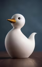 an unusual white duck sits on a table