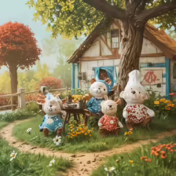 the rabbits are enjoying a meal at the table