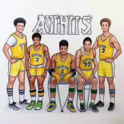 drawing of basketball players in uniform standing in front of an advertisement,this is a painting of basketball players on a bench