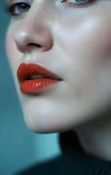 a woman with freckles and red lips