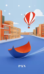 an orange and blue boat is on the blue surface