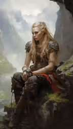 a woman sitting on a hill with long hair,this is an illustration of a woman in armor sitting on the rocks