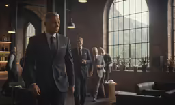 a man wearing a suit walks towards some people