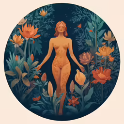 a painting of a woman in a flowered garden