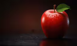 an apple with a green leaf is sitting on a surface