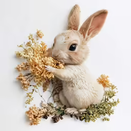 a bunny that is on a table holding some flowers