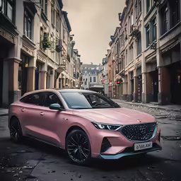 the pink acurato is parked in the middle of the street