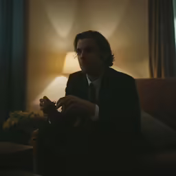 a man sitting on a couch holding a cup