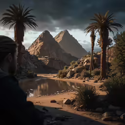 a scene with palm trees and boulders in the background