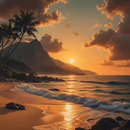 the sun setting behind the mountains over the ocean