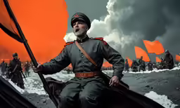 the man is holding a stick near a flag
