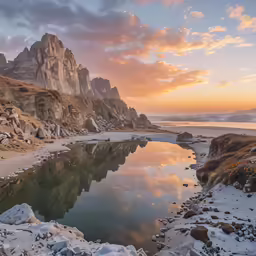 a mountain landscape is reflected in the water