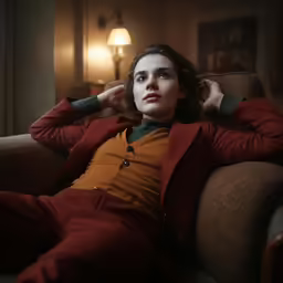 a woman wearing a burgundy jacket is laying down
