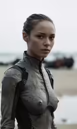 a young woman in grey bodysuit and black backpack