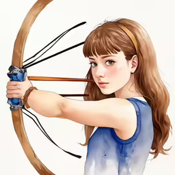 girl with long hair is holding a bow and arrow