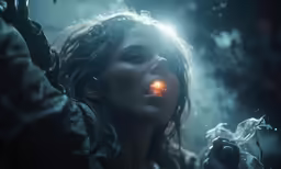 a woman holding up a light in the night