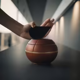 a person is holding their phone inside a round container