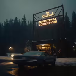 cars are parked outside a restaurant in the snow
