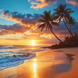 the sunset with palm trees reflecting in the water and waves crashing on the beach