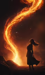 a woman standing in front of a fire swirl