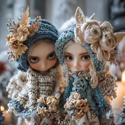 two little dolls in hats and scarfs sitting on a table