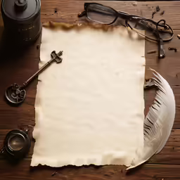 an old parchment with the paper and other items on a table