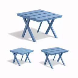 three tables on white background and one blue