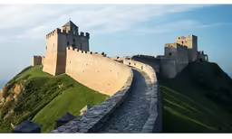 a castle on a green hillside with a long path leading to the towers