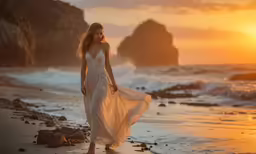 a young woman in a white dress walks on a beach
