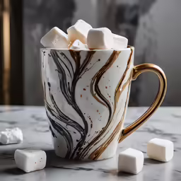 a coffee cup with marshmallows on the side