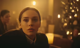 a woman with an intense look is staring