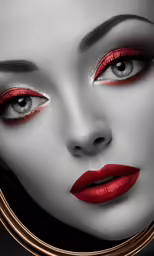a woman wearing red lipstick and makeup looking into a mirror