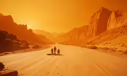 three people standing on the road near some mountains