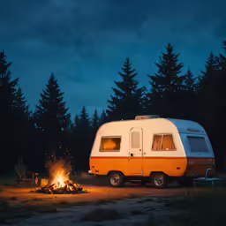 an orange camper truck on its side near a campfire