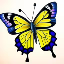 a yellow and blue butterfly with black spots on its wings,a yellow butterfly painted in black with blue and purple,the yellow and purple butterfly is sitting on the white background,a blue and yellow butterfly with yellow wings,a butterfly in yellow, purple and black with a butterfly sitting on the wings