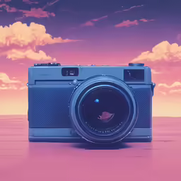 an old camera sits on a table in front of a sky that has pink clouds