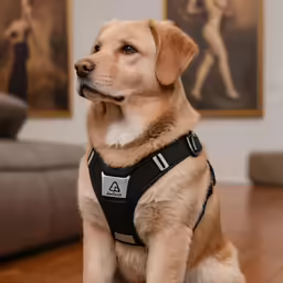 a large brown dog wearing a harness