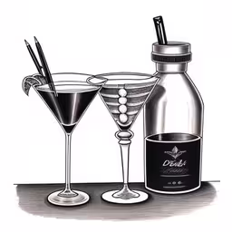 a drawing of two drinks and a bottle with a straw,two martinis with a bottle and glasses