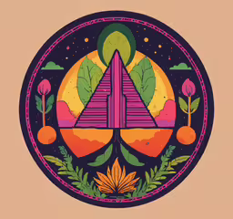 a stylized illustration of an inverted triangle with flowers,an abstract image with triangle, leaves and flowers in the middle of it