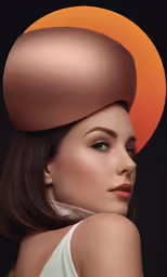 a woman with an orange and red disc on her head