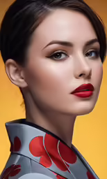 a model with dark red lipstick on an orange background