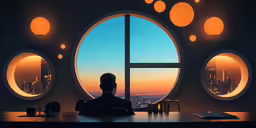 a person sitting in front of large circular windows